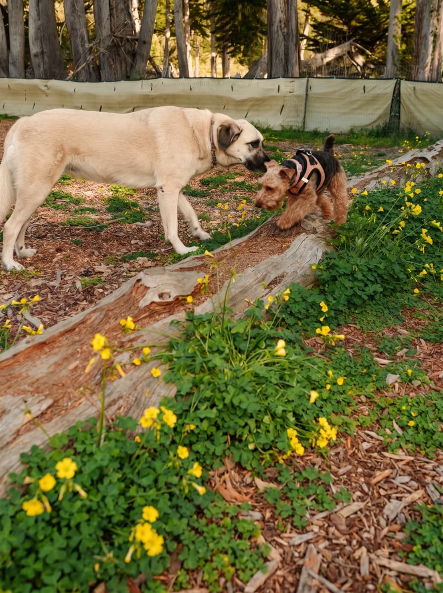 A large cream Anatolian shepherd and a small Welsh terrier meeting nose to nose over a fallen log