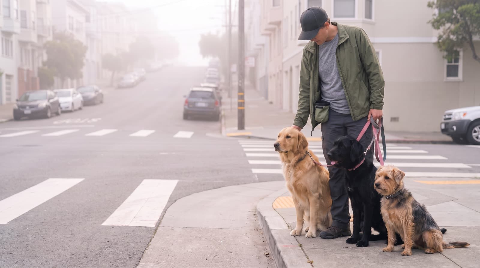 A dog walker in a cap and jacket waiting at a crosswalk with a golden retriever, a black lab mix and a small terrier sitting at the curb