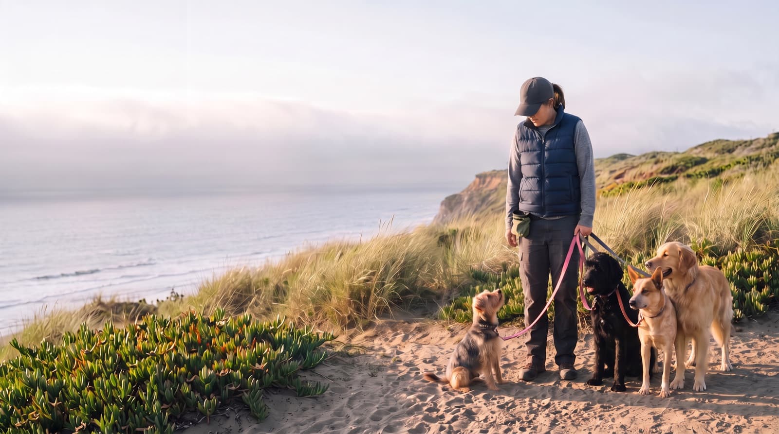A woman dog walker in a puffer vest and cap holding four leashed dogs on the grassy bluffs above the ocean, fog on the water behind