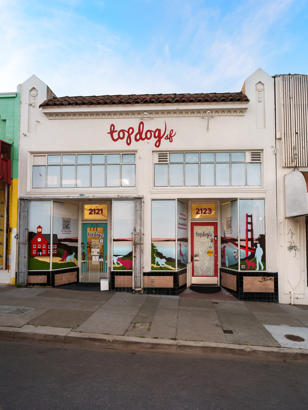 The Top Dog SF storefront on Taraval Street, San Francisco — Golden Gate murals in the windows